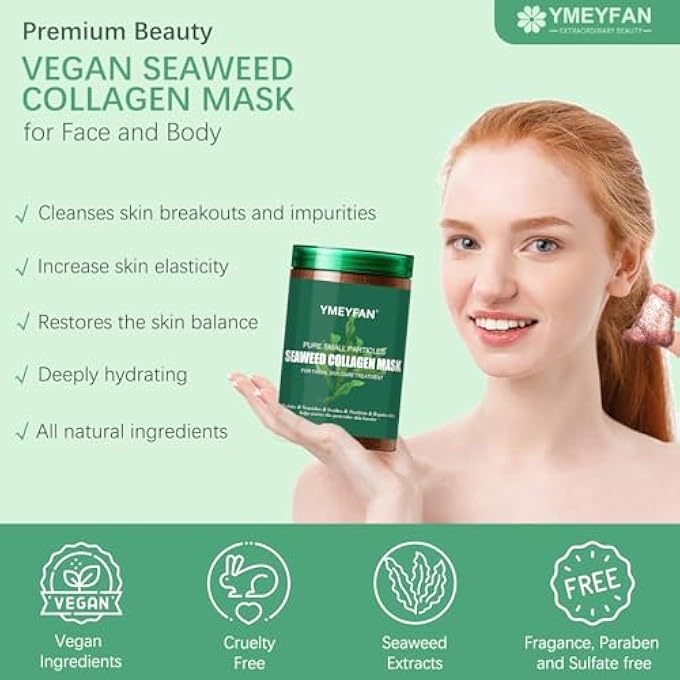 YMEYFAN NATURAL SEAWEED FACE MASK POWDER, ALGAE SEED MASK FOR HYDRATING PURIFY ANTI-ACEN DEEP CLEAN PORE, VEGAN FACIAL MASK SKINCARE FOR WOMEN BEAUTY SALON SPA, COVER USE OF JELLY MASK (500G/17.6OZ) - Image 2